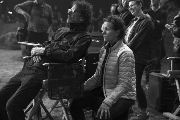 Joel Coen and Frances McDormand on set.