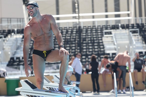 James Magnussen of Australia looks on during a practice session before the Enhanced Games at Resorts World Las Vegas.