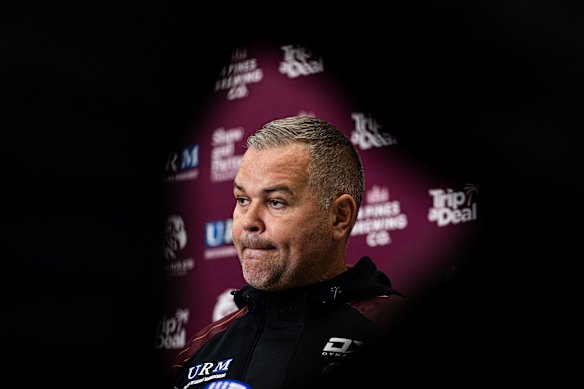 Manly Coach Anthony Sebold addresses the media to Brookvale on Thursday.