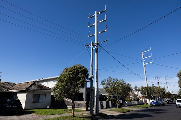 One of the new power poles alongside an existing wooden pole.