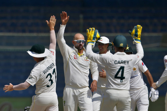 Nathan Lyon celebrates a wicket while on tour in Pakistan earlier this year.