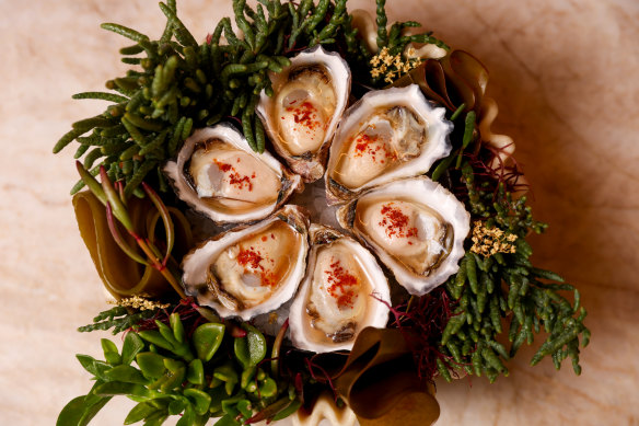 Go-to dish: charred oysters, smoked wagyu fat, coconut vinegar. 