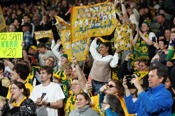 Matildas fans cheer on in Perth.