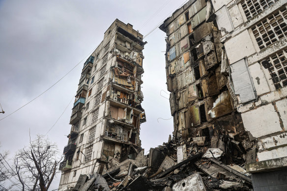 A building damaged during fighting in Mariupol.