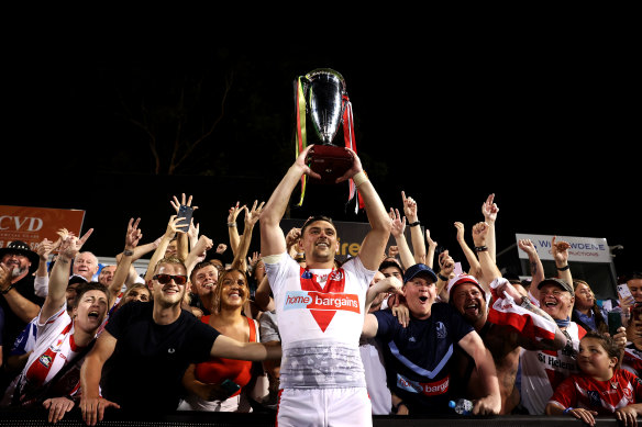 Lewis Dodd celebrates the World Club Challenge last year in Penrith.