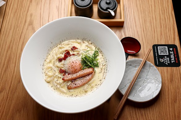 Udon carbonara is one of more than 30 noodle dishes.