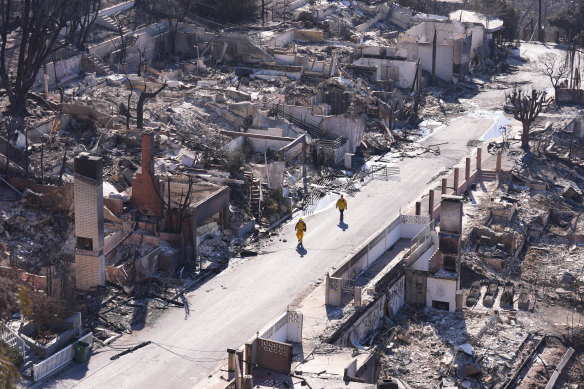 Firefighters inspecting extensive damage in residential areas in Los Angeles. 