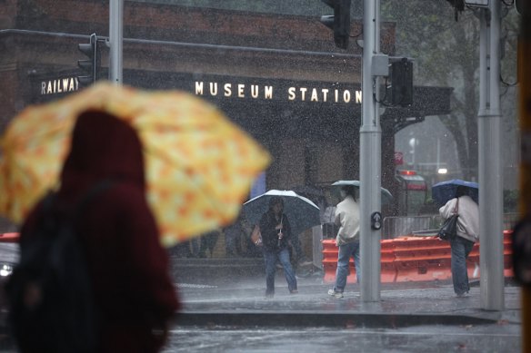 A picture from May shows a rainy day outside Museum Station in Sydney’s CBD.