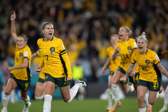 Steph Catley celebrates scoring a goal at the FIFA Women’s World Cup