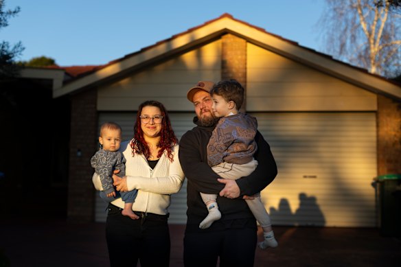 Romi and Harley have been trying to get a rental home in the Dandenong Ranges, where they grew up, but so few houses come up that they’re now speaking to a broker about buying their first home in the area. They are pictured with four-year-old Phoenix and baby River.