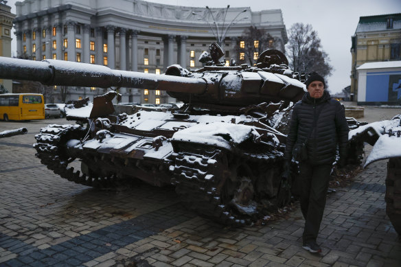 People view destroyed Russian vehicles and tanks in Mykhailivs’ka Square on November 17, 2022 in Kyiv, Ukraine.