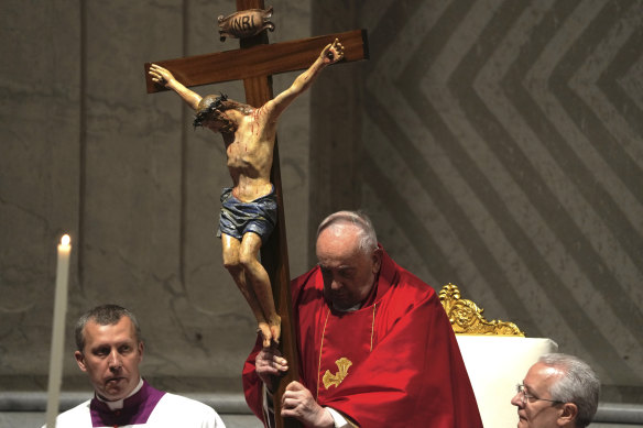 Pope Francis leads the liturgy of the passion on Good Friday in St. Peter’s Basilica at The Vatican.