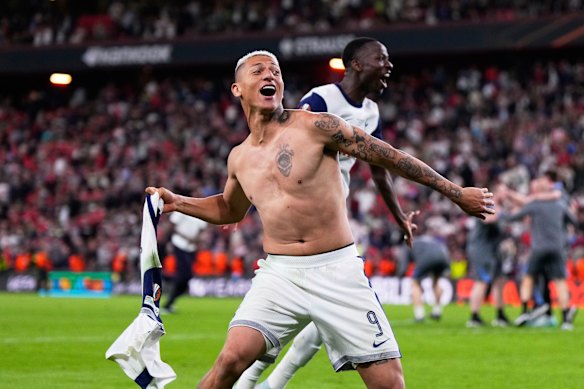 Tottenham’s Richarlison celebrates after winning the Europa League final.