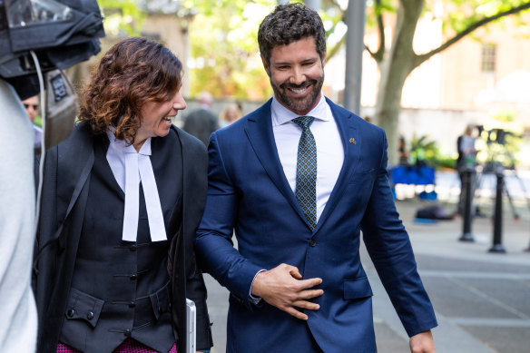 Former special forces soldier Heston Russell and his barrister Sue Chrysanthou, SC, outside the Federal Court in Sydney on Monday.