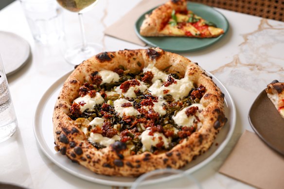 Charred broccolini with confit garlic puree, stracciatella and XO sauce (also available with chilli crisps).