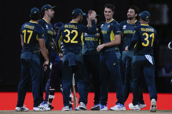 Pat Cummins celebrates a wicket with teammates.