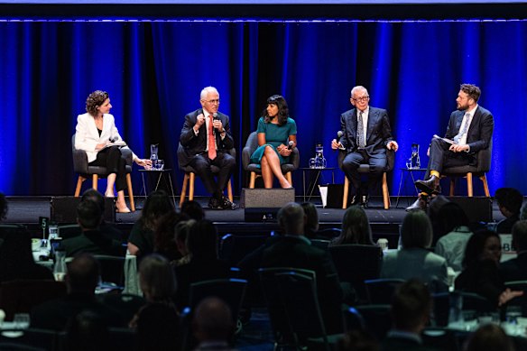 A panel on “bold governance” at the summit, with Wentworth MP Allegra Spender, former prime minister Malcolm Turnbull, chief executive of the Grattan Institute Aruna Sathanapally, former NSW premier Bob Carr, and moderated by Committee for Sydney chief executive Eamon Waterford.