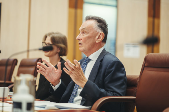 Dr Craig Emerson with Treasury Assistant Secretary, Food and Grocery Code Review Anna Barker during Tuesday’s Senate committee hearing.