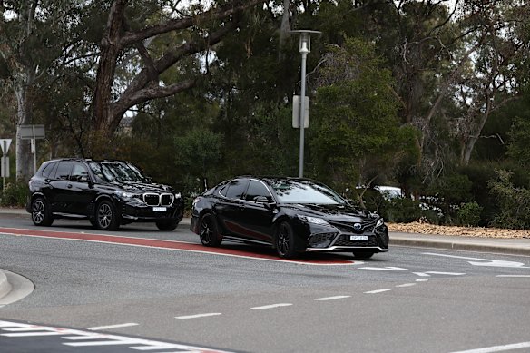 A car believed to be carrying Israel’s Ambassador to Australia Hillel Newman arrives at Parliament House in Canberra. 