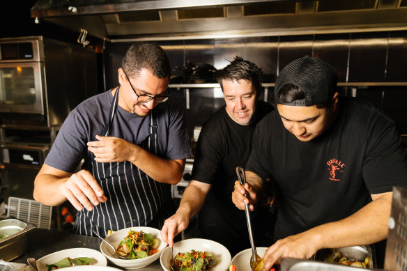 Shui co-owner and head chef Leigh Power (centre) with his kitchen crew at one of Subiaco’s newest hip bars and restaurant.