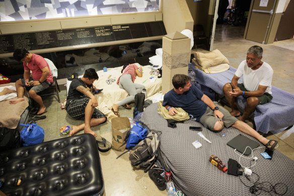 Evacuees from Lahaina at a shelter in Wailuku, Hawaii.