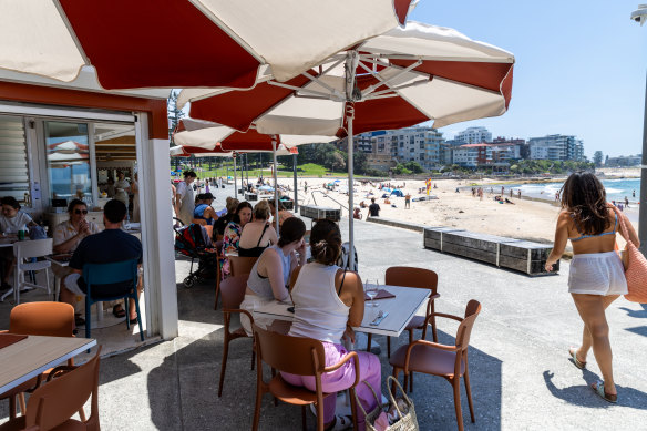 Bobbys, located on Cronulla’s slim esplanade, faces a curve of white sand.