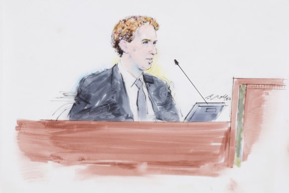 Este boceto de la sala del tribunal muestra al jefe de Meta, Mark Zuckerberg, testificando en un juicio histórico sobre si las plataformas de redes sociales están dañando a los niños.