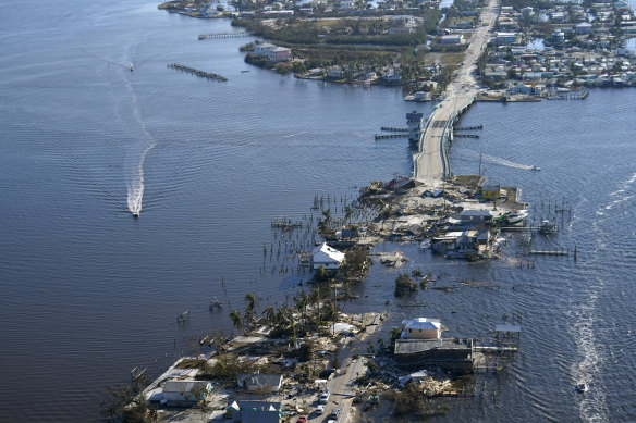 The bridge leading from Fort Myers to Pine Island, Florida, is seen heavily damaged in the aftermath of Hurricane Ian.