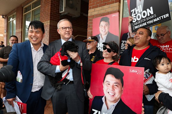Labor’s candidate for Banks, Zhi Soon (left), at a pre-polling station in Padstow with Prime Minister Anthony Albanese on April 28.