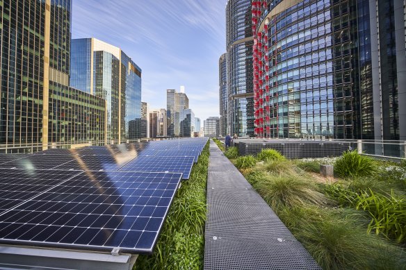 Solar panels on Daramu House at Barangaroo owned by the Lendlease-managed Australian Prime Property Fund Commercial (APPFC) 