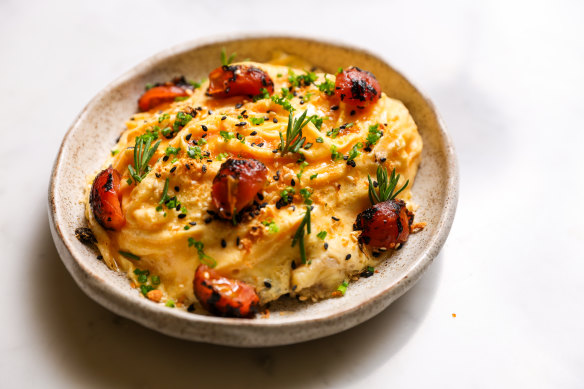 Poqui poqui – omurice-style scrambled egg draped over soft, smoky eggplant.