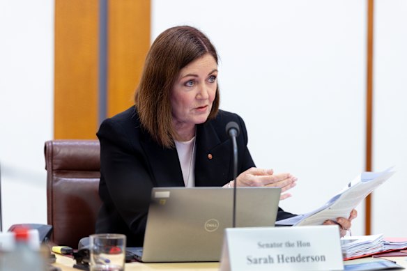 Senator Sarah Henderson pictured in Senate estimates on Tuesday.