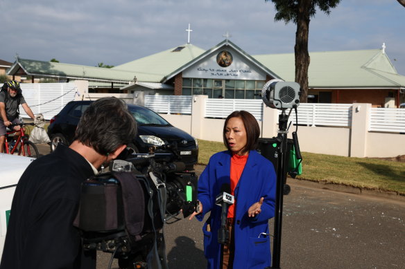 Member for Fowler Dai Le speaks to the media outside Christ The Good Shepherd Church.