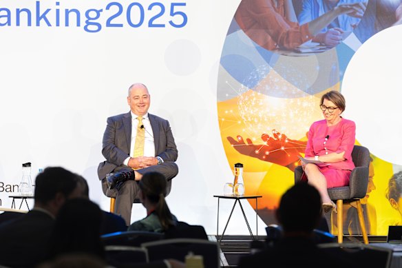 National Australia Bank CEO Andrew Irvine and Australian Banking Association CEO Anna Bligh at the ABA conference  in Darling Harbour, Sydney.