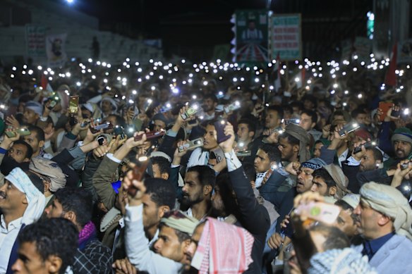 Supporters of Yemen’s Houthi rebels hold up their cellphones with flashlights turned on during a rally organised to celebrate the group’s capture of Mayun Island in the strategic Bab el-Mandeb Strait in September.