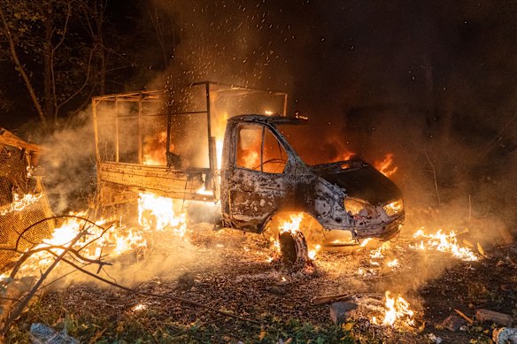 A car burns after a Russian drone strike on a residential neighbourhood in Kharkiv, Ukraine, on Sunday.