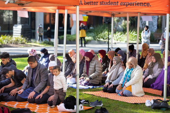 Dozens of Muslim students took to one of the Clayton campus’ busiest lawns to pray on Wednesday.