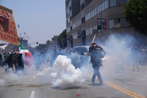 Tear gas is used near protesters in downtown Los Angeles this week.