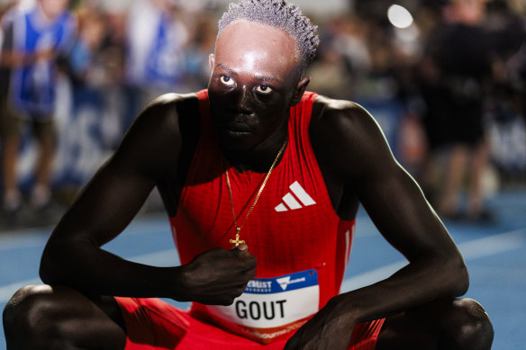 Gout Gout on the night of his first 200-metre race against men.