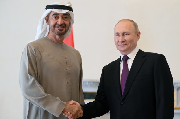 UAE ruler Sheikh Mohammed Bin Zayed Al Nahyan, with Vladimir Putin, said trade with Russia has doubled to $US5 billion over the previous three years, adding that there are about 4000 companies with Russian roots working in the Gulf state.