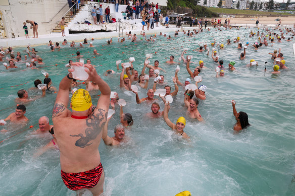 The weather didn’t turn off swimmers at the Bondi Icebergs’ opening day on Sunday.