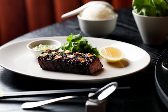 Riverina short rib, black garlic, with accompaniments.