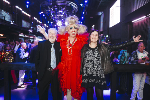 Bobby Goldsmith Foundation co-founder Ken Bryan with drag queen Joyce Maynge and Goldsmith’s niece Jen Hancock.