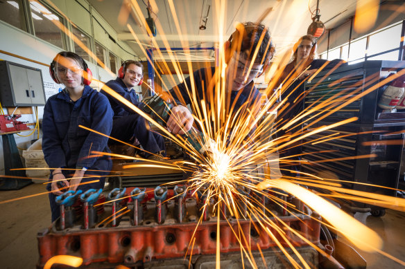 Kerang Technical High School students (left to right) Kate Heffer, Ryan Jardine, Tanner Treacy and Rylee Gitsham in the school’s engineering workshop. 