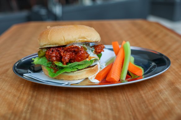 Buffalo chicken stars in a fried chicken sandwich that’s saucy and spicy.