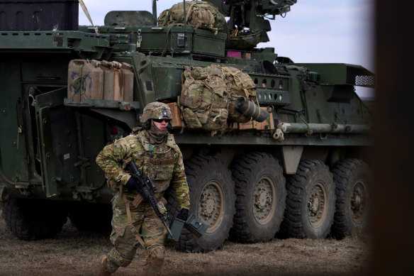 A US soldier takes part in a joint Romanian-US military exercise in 2022.