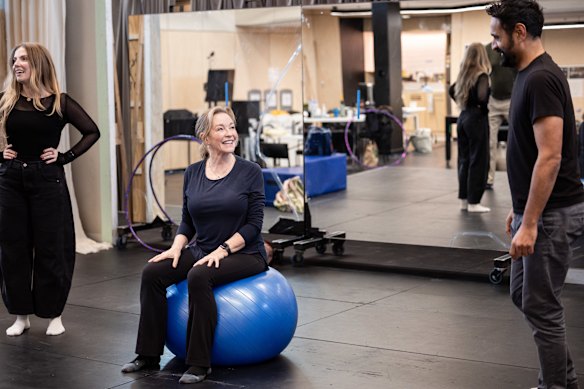 Rebecca Gibney during rehearsals for Circle Mirror Transformation with Jessie Lawrence (left) and Nicholas Brown. 
