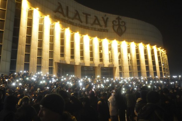 On January 4, protesters light their smartphones as they gathered in the centre of Almaty, Kazakhstan.