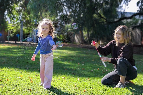 “One and done” families like Elise Tobin’s are more common due to the cost of living, housing affordability and worry about the future. Tobin is pictured with her four-year-old daughter, Hazel.