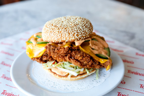 The fried chicken sandwich at Tonino’s International.